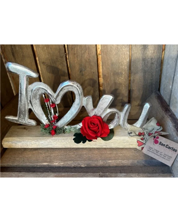 Letras metal I love You con rosa roja preservada. 2 Letras metal I love You con rosa roja preservada 2